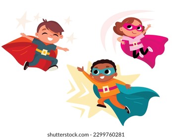 Superhero kids. Happy active children with comics costumes. 