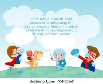 Superhero Kids At Playground, Superhero Kids Playing Outside, Template For Advertising Brochure,your Text ,Cute Little Superhero Children's, Kids And Frame,child And Frame,Vector Illustration