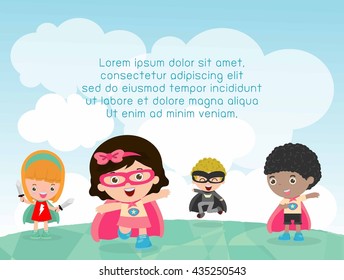 superhero kids at playground,  Template for advertising brochure,your text ,Cute little  Children's, Kids and frame,child and frame,Vector Illustration