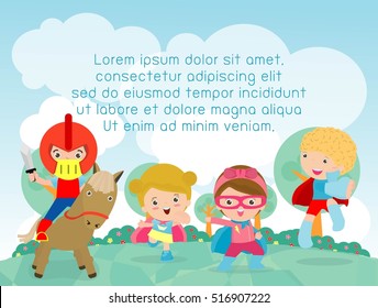 superhero kids playing outside, Template for advertising brochure,your text, child and frame,Vector Illustration