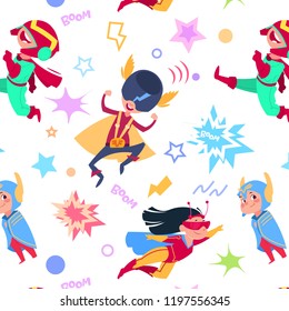 Superhero kids seamless pattern. Cartoon superheroes children. Flying hero super boys and girls vector endless texture. Superhero seamless pattern children costume boy and girl illustration