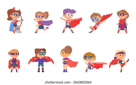 Superhero kids. Superheroes in cape, children group jumping and flying. Cartoon heroes, girl wear mask and costume decent vector characters