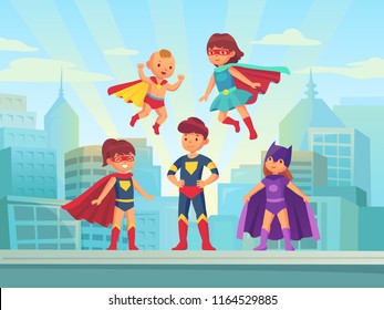 Superhero kids team. Comic hero kid muscle in super costume with cloak cape fly on urban roof. Children superheroes playing brave invisible guardian for carnival or game vector cartoon illustration