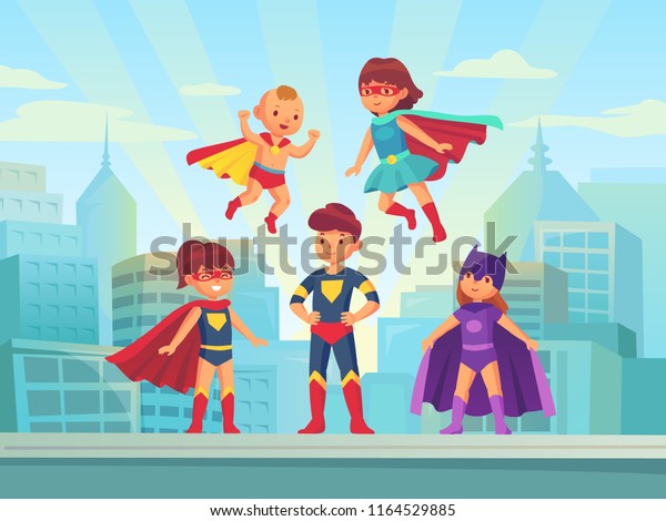 スーパーヒーローの子どもチーム 都会の屋根の上にマントのマントが飛ぶスーパーコスチュームを着たコミックヒーロー の子どもの筋肉 カーニバルやゲームのベクター画像のイラストで 勇敢な目に見えないガーディアンを演じる子どもスーパーヒーロー のベクター画像素材