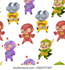 Superhero kids vector cartoon seamless pattern background for wallpaper, wrapping, packing, and backdrop.