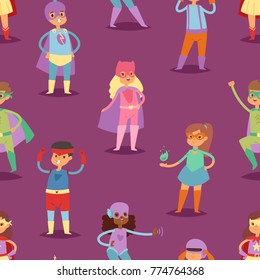 Superhero kids vector super hero child or kid in mask cartoon character of girl or boy in costume in childhood playing heroic game on carnival illustration seamless pattern background