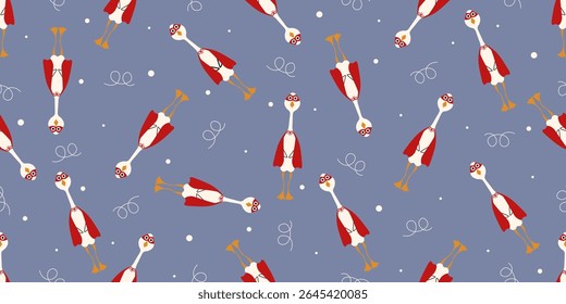Superhero kids wallpaper. Vector illustration silly Goose seamless trellis. Cute Whimsical seamless pattern with Goose in red hero cape. Perfect child room bedroom interior wall cover. EPS 10