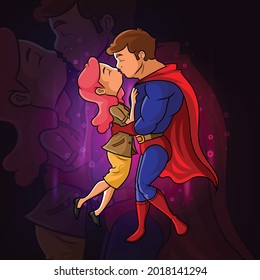 The superhero kissing the beautiful girl of illustration