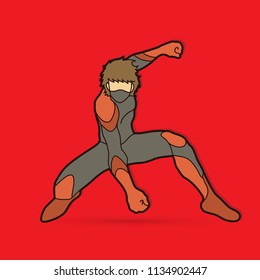 Superhero landing action, Cartoon superhero man graphic vector.