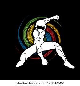 Superhero landing action, Cartoon superhero man graphic vector.