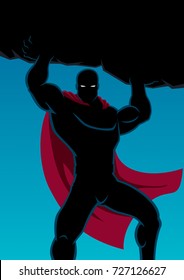 Superhero lifting huge boulder with black copy space.  