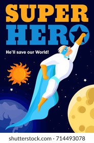 Superhero in light costume in outer space, poster with sun and moon on black background vector illustration 
