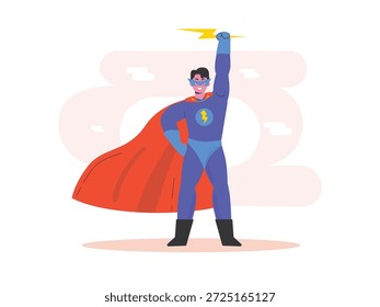 Guardar Superhéroe con un traje de rayo, listo para el día. Diseño de personajes. Ilustración plana de Vector.