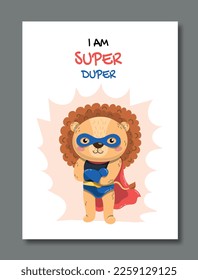 Superhero lion poster. Tropical and exotic animal, king of beasts. Imagination and fantasy, fairy tale. Character with superpowers. Graphic element for website. Cartoon flat vector illustration