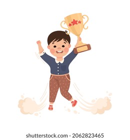 Superhero Little Boy at School Flying Up with Prize Achieving Goal and Gaining Knowledge Vector Illustration