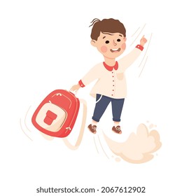 Superhero Little Boy at School Flying Forward with Backpack Achieving Goal and Gaining Knowledge Vector Illustration