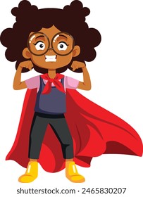 
Superhero Little Girl Flexing Muscles Vector Cartoon illustration. Cheerful super little toddler girl wearing red cape
