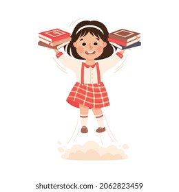 Superhero Little Girl at School Flying Forward with Books Achieving Goal and Gaining Knowledge Vector Illustration