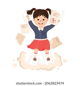 Superhero Little Girl at School Flying Up Achieving Goal and Gaining Knowledge Vector Illustration