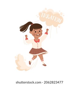 Superhero Little Girl at School Flying Up Achieving Goal and Gaining Knowledge Vector Illustration