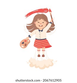 Superhero Little Girl at School Flying Up with Brush and Palette Achieving Goal and Gaining Knowledge Vector Illustration