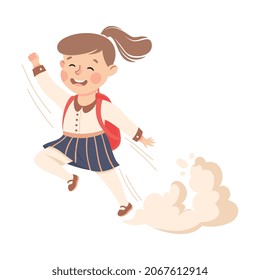 Superhero Little Girl at School Flying Forward with Backpack Achieving Goal and Gaining Knowledge Vector Illustration
