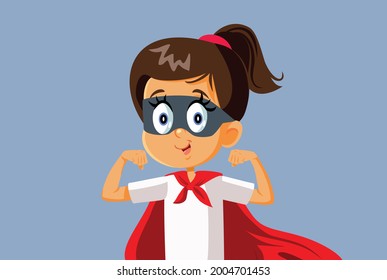 Superhero Little Girl Vector Cartoon Illustration. Child wearing a hero costume pretending to have superpowers feeling optimistic and confident in the future
