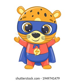 Superhero little leopard for kids. Cartoon vector illustration.