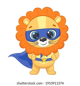 Superhero little lion for kids. Cartoon vector illustration.