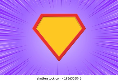 Superhero logo with motion radial lines on purple background. Blank comic super hero icon. Empty shield symbol. Cartoon template design. Comics style, explosion background. Vector illustration