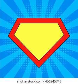 Superhero Logo Template At Bright Blue,  Pop Art Background. Vector, Isolated, Eps10.