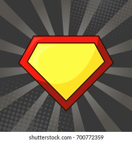 Superhero logo template at bright blue, pop art background. Vector, isolated, eps10.