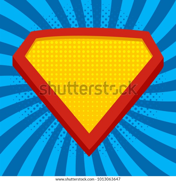 Superhero logo template at bright blue, pop art background. Vector, isolated,