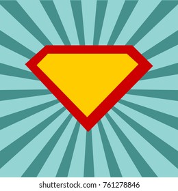 Superhero logo template at comic sunburst background with dots halftone effects. Vector illustration.
