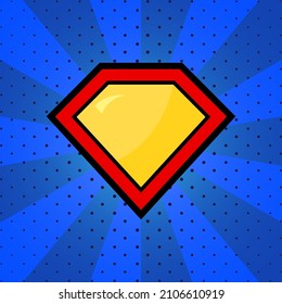 Plantilla de logotipo de superhéroes. Rojo, amarillo y azul. Arte pop. Ilustración vectorial plana
