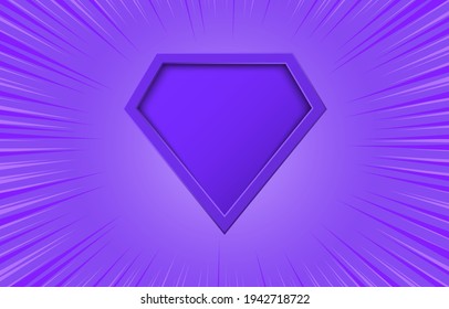 Superhero logo violet with motion radial lines on purple background. Blank comic super hero icon. Empty shield symbol. Cartoon template design. Comics style, explosion background. Vector illustration