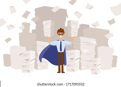 Superhero in long cloak and mask, business character vector illustration. Guy holds in hands large paper piles, work with documentation. Cartoon accountant s superpower in office space.