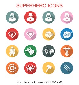 superhero long shadow icons, flat vector symbols