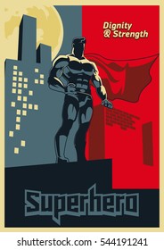 Superhero looks into the distance. Blue and red graphic poster. Illustration