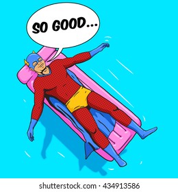 Superhero lying on air mattress on water. Cartoon pop art vector illustration. Human comic book vintage retro style.