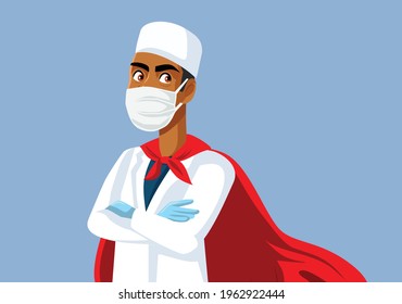 Superhero Male Doctor Wearing a Cape. Brave medical professional being courageous and heroic saving lives during health care crisis
