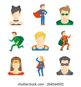 Superhero male and female avatars in masks and disguise flat set isolated vector illustration