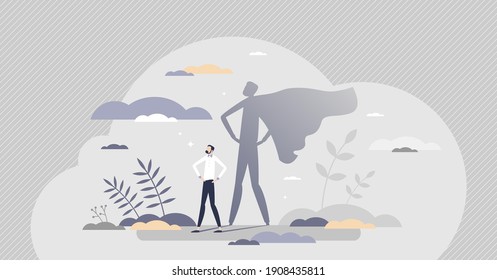Superhero male as professional strong and brave leader tiny person concept. Everyday human with cape costume in shadow reflection as confident, caring and powerful dad or husband vector illustration.
