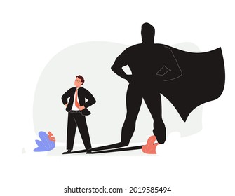 Superhero male as professional strong and brave leader tiny person concept. Everyday human with cape costume in shadow reflection as confident, caring and powerful dad or husband vector illustration.