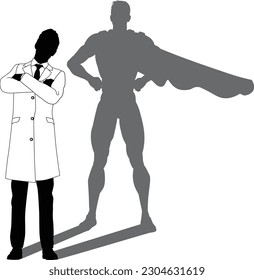 A superhero male scientist, engineer, doctor or teacher in a lab white coat man. Revealed by his shadow silhouette as a super hero in a cape.