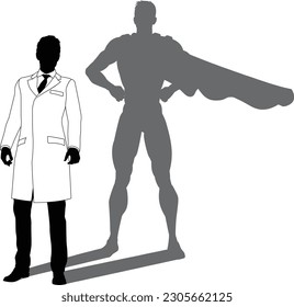 A superhero male scientist, engineer, doctor or teacher in a lab white coat man. Revealed by his shadow silhouette as a super hero in a cape.