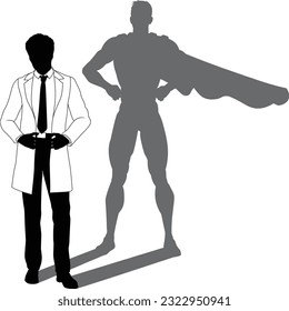 A superhero male scientist, engineer, doctor or teacher in a lab white coat man. Revealed by his shadow silhouette as a super hero in a cape.