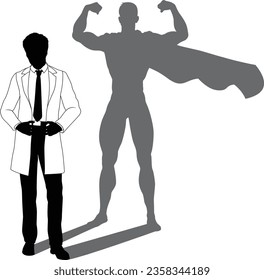 A superhero male scientist, engineer, doctor or teacher in a lab white coat man. Revealed by his shadow silhouette as a super hero in a cape.