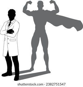 A superhero male scientist, engineer, doctor or teacher in a lab white coat man. Revealed by his shadow silhouette as a super hero in a cape.