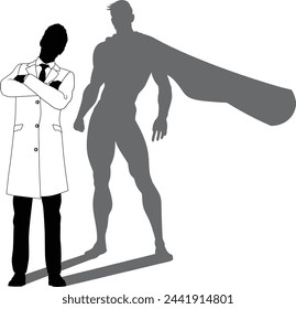 A superhero male scientist, engineer, doctor or teacher in a lab white coat man. Revealed by his shadow silhouette as a super hero in a cape.